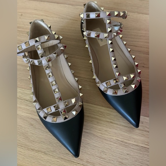 Black Valentino Rockstud Cage Flats - Picture 1 of 7